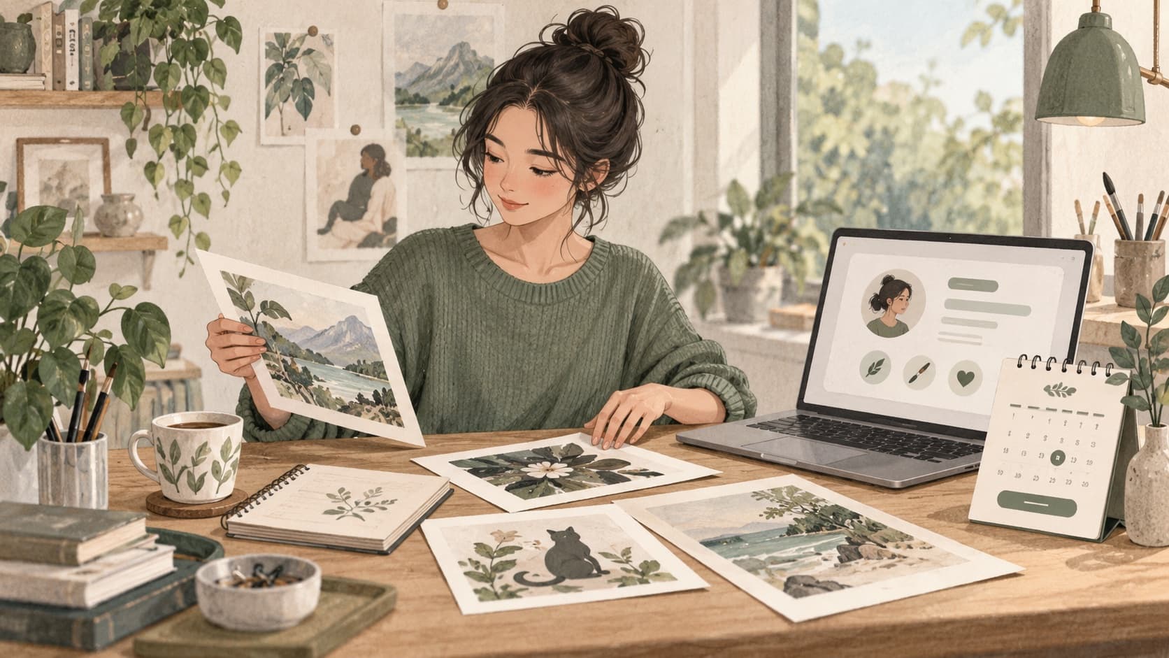 自由职业者整理作品与服务主页的概念插画