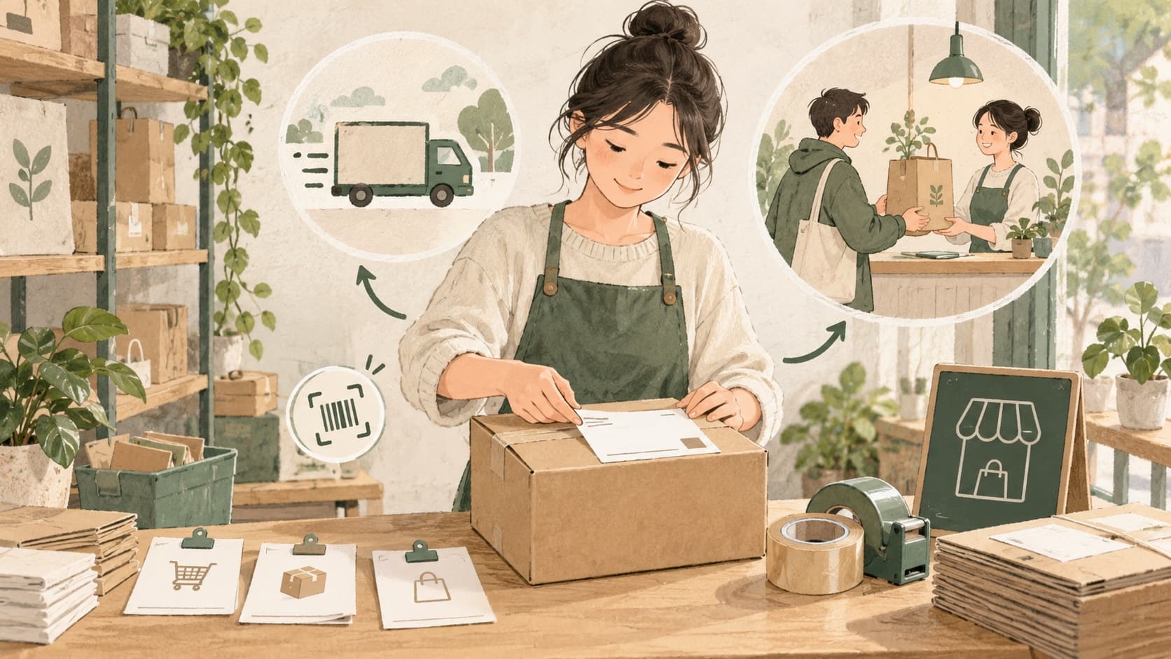商家处理快递发货与到店自提的概念插画