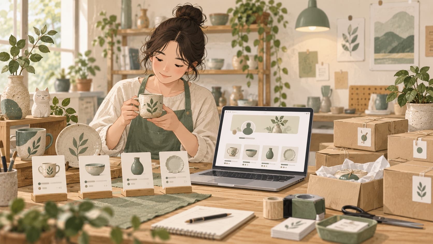 手作商家组织商品展示与订单的概念插画
